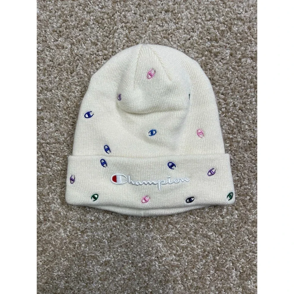Champion Beanie‎ Hat Mens One Size Cream White All Over Logo Knit Winter Casual